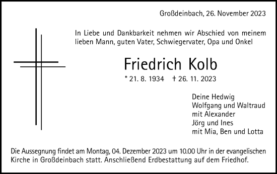 Traueranzeige von Friedrich Kolb von Gmünder Tagespost