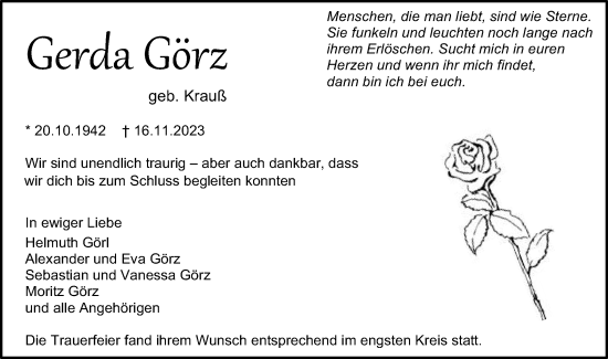 Traueranzeige von Gerda Görz von Schwäbische Post