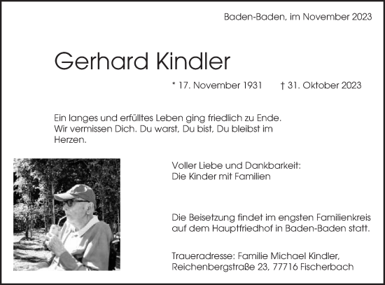 Traueranzeige von Gerhard Kindler von Schwäbische Post
