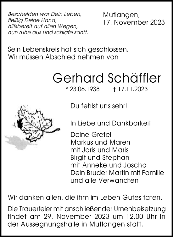 Traueranzeige von Gerhard Schäffler