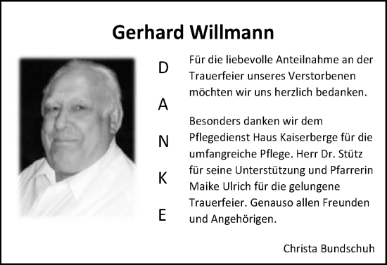 Traueranzeige von Gerhard Willmann von Gmünder Tagespost