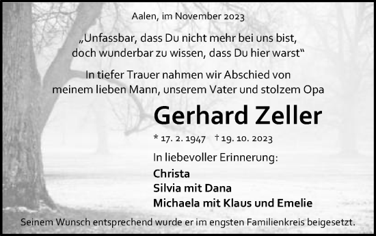 Traueranzeige von Gerhard Zeller von Schwäbische Post