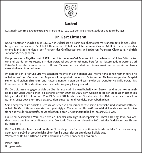 Traueranzeige von Gert Littmann von Schwäbische Post