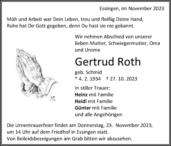 Traueranzeige von Gertrud Roth von Schwäbische Post