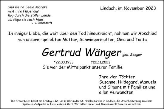 Traueranzeige von Gertrud Wänger von Gmünder Tagespost