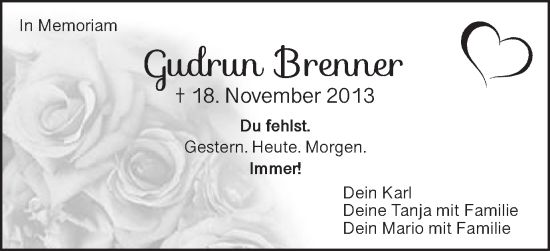 Traueranzeige von Gudrun Brenner von Schwäbische Post