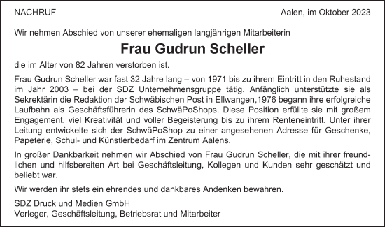 Traueranzeige von Gudrun Scheller von Schwäbische Post