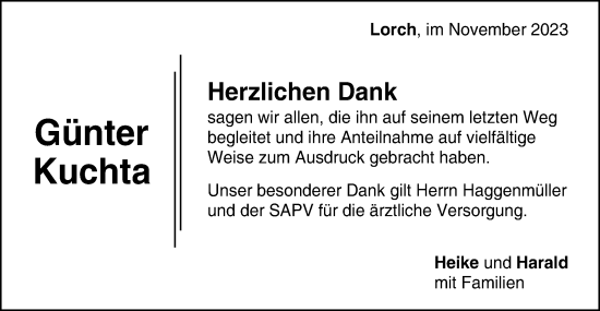 Traueranzeige von Günter Kuchta von Gmünder Tagespost