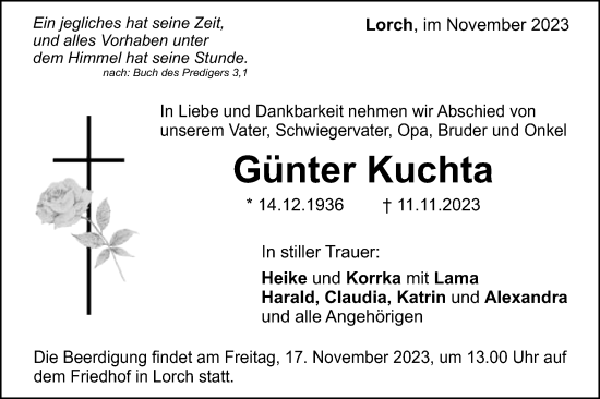 Traueranzeige von Günter Kuchta von Gmünder Tagespost