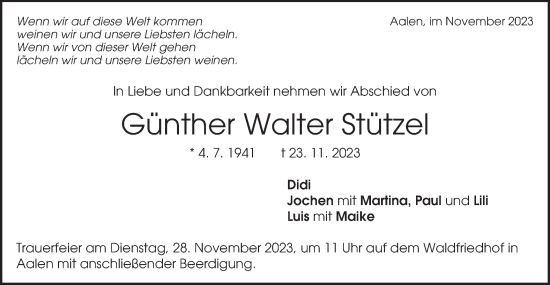 Traueranzeige von Günther Walter Stützel von Schwäbische Post