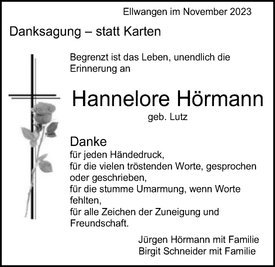 Traueranzeige von Hannelore Hörmann von Schwäbische Post