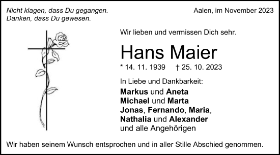 Traueranzeige von Hans Maier von Schwäbische Post