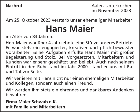 Traueranzeige von Hans Maier von Schwäbische Post