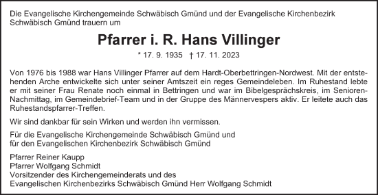 Traueranzeige von Hans Villinger von Gmünder Tagespost