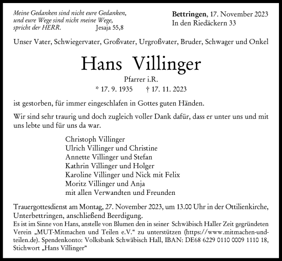 Traueranzeige von Hans Villinger von Gmünder Tagespost