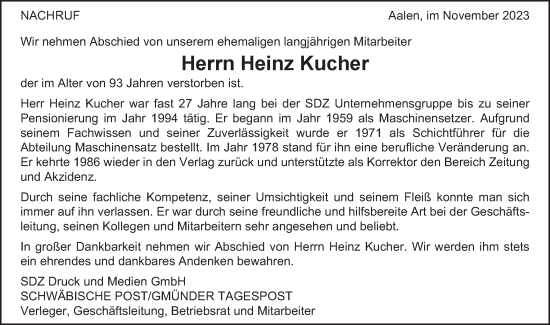 Traueranzeige von Heinz Kucher von Schwäbische Post