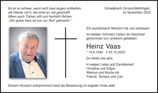 Traueranzeige von Heinz Vaas von Gmünder Tagespost
