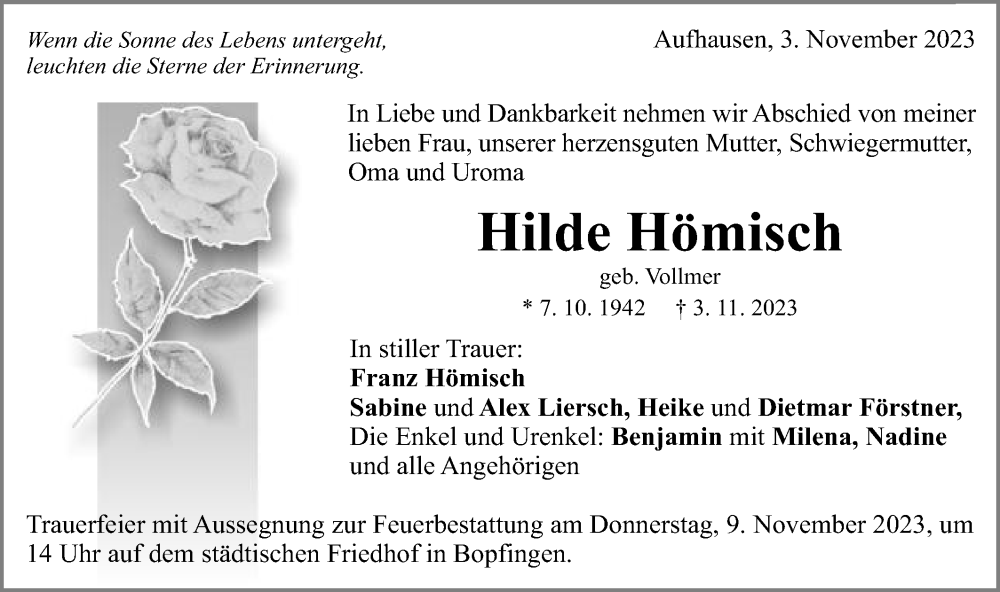  Traueranzeige für Hilde Hömisch vom 07.11.2023 aus Schwäbische Post