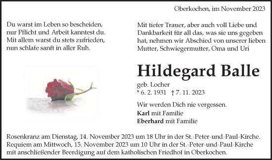 Traueranzeige von Hildegard Balle von Schwäbische Post