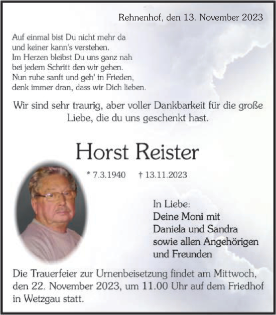 Traueranzeige von Horst Reister von Gmünder Tagespost