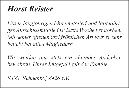 Traueranzeige von Horst Reister von Gmünder Tagespost