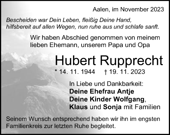 Traueranzeige von Hubert Rupprecht von Schwäbische Post