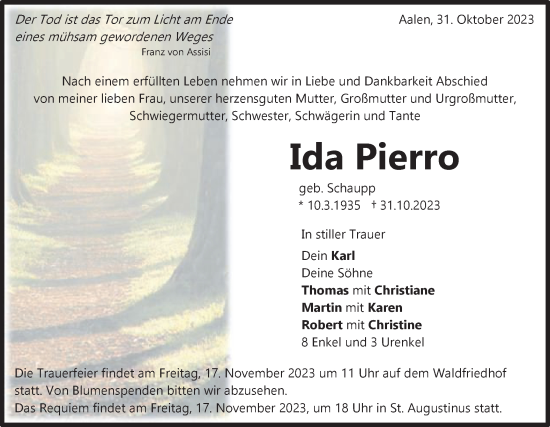 Traueranzeige von Ida Pierro von Schwäbische Post