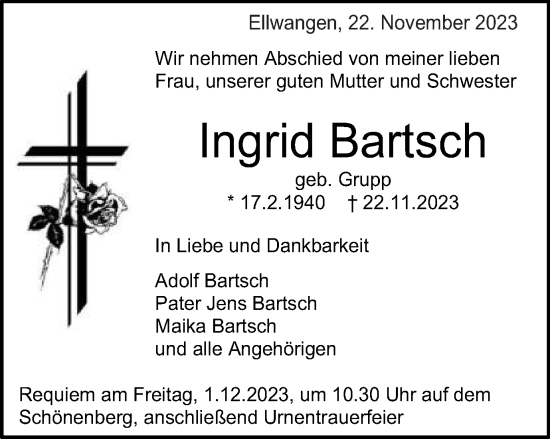 Traueranzeige von Ingrid Bartsch von Schwäbische Post