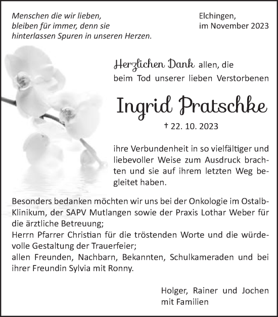 Traueranzeige von Ingrid Pratschke von Schwäbische Post