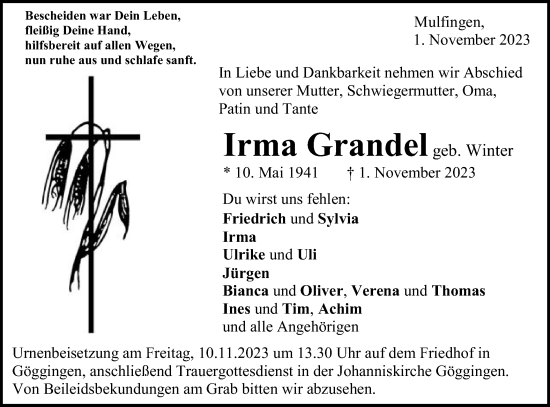 Traueranzeige von Irma Grandel