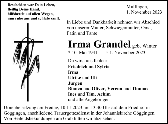 Traueranzeige von Irma Grandel von Gmünder Tagespost