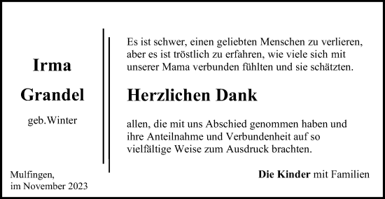 Traueranzeige von Irma Grandel
