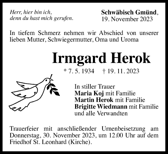 Traueranzeige von Irmgard Herok von Gmünder Tagespost