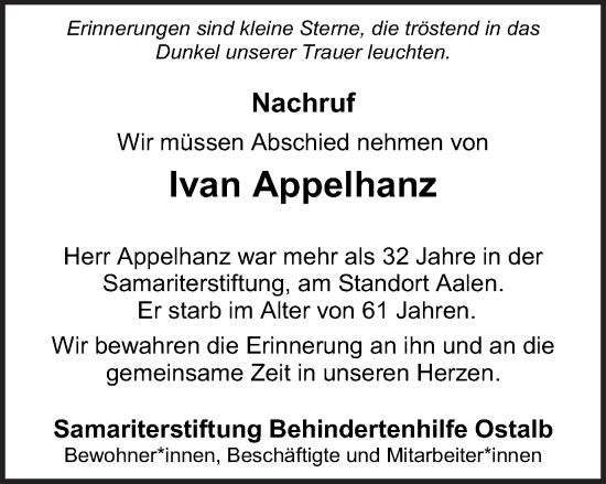 Traueranzeige von Ivan Appelhanz von Schwäbische Post