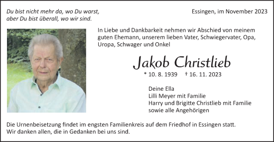 Traueranzeige von Jakob Christlieb von Schwäbische Post