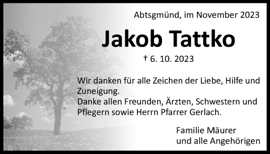 Traueranzeige von Jakob Tattko von Schwäbische Post