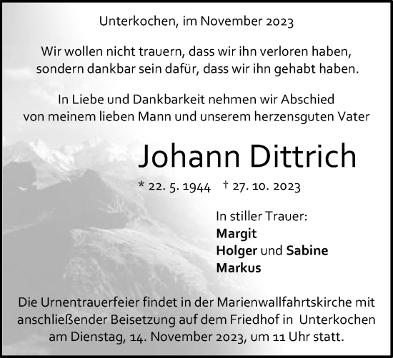 Traueranzeige von Johann Dittrich von Schwäbische Post