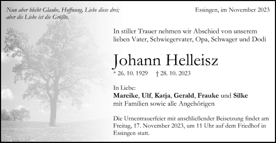 Traueranzeige von Johann Helleisz von Schwäbische Post