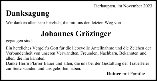 Traueranzeige von Johannes Grözinger von Gmünder Tagespost