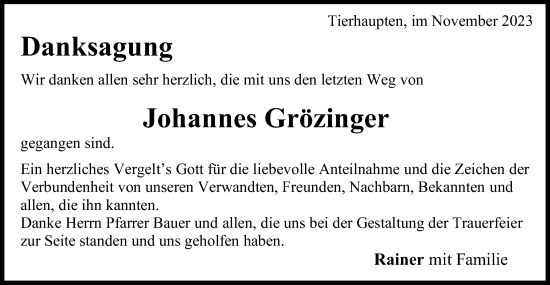 Traueranzeige von Johannes Grözinger