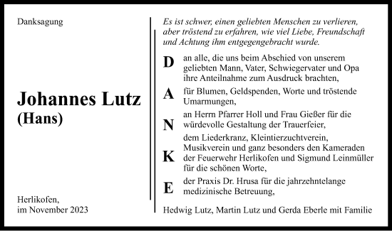 Traueranzeige von Johannes Lutz von Gmünder Tagespost