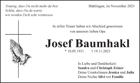 Traueranzeige von Josef Baumhakl von Schwäbische Post