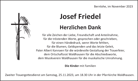 Traueranzeige von Josef Friedel von Schwäbische Post