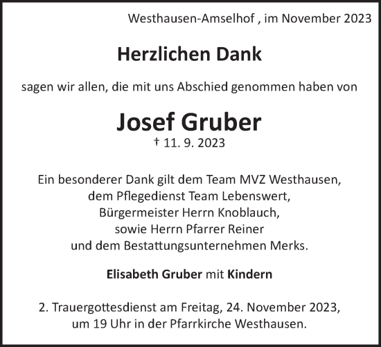 Traueranzeige von Josef Gruber von Schwäbische Post