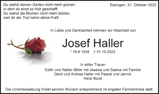 Traueranzeige von Josef Haller von Schwäbische Post