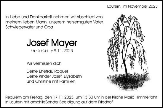 Traueranzeige von Josef Mayer von Gmünder Tagespost