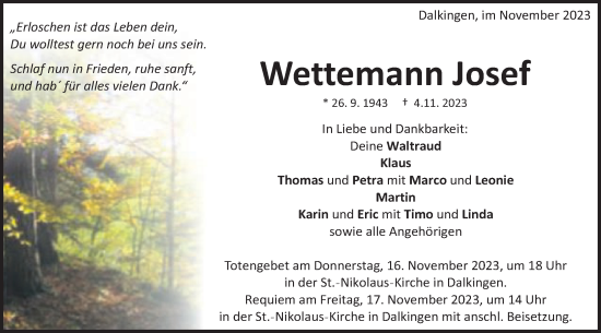 Traueranzeige von Josef Wettemann von Schwäbische Post