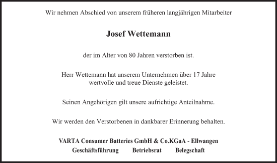 Traueranzeige von Josef Wettemann von Schwäbische Post