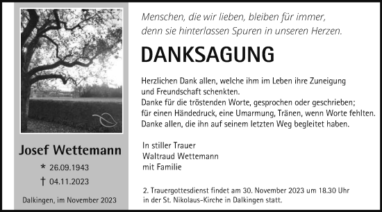 Traueranzeige von Josef Wettemann von Schwäbische Post