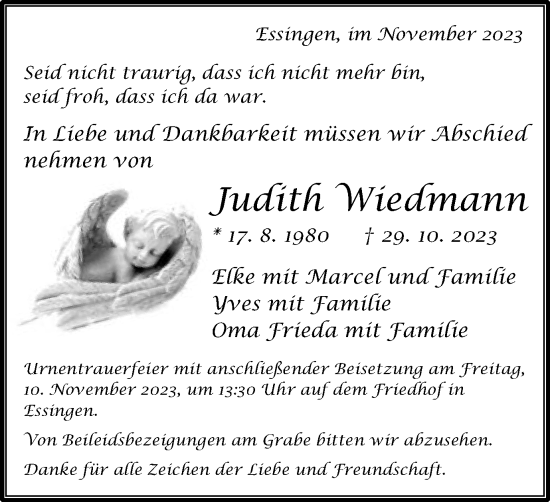 Traueranzeige von Judith Wiedmann von Schwäbische Post